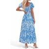 image:imageBTFBM Summer Dress for Women 2026 Spring Floral Short Sleeve Casual Flowy ALine Smocked Tiered Maxi Dresses PocketsLeaf Blue