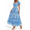 image:imageBTFBM Summer Dress for Women 2026 Spring Floral Short Sleeve Casual Flowy ALine Smocked Tiered Maxi Dresses PocketsLeaf Blue