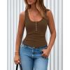 image:imageBTFBM Summer Tops for Women 2026 Scoop Neck Ribbed Henley Button Sleeveless Casual Spring Basic Tank Top Clothes OutfitsDark Khaki