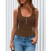 image:imageBTFBM Summer Tops for Women 2026 Scoop Neck Ribbed Henley Button Sleeveless Casual Spring Basic Tank Top Clothes OutfitsDark Khaki