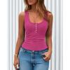 image:imageBTFBM Summer Tops for Women 2026 Scoop Neck Ribbed Henley Button Sleeveless Casual Spring Basic Tank Top Clothes OutfitsRose Red