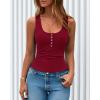 image:imageBTFBM Summer Tops for Women 2026 Scoop Neck Ribbed Henley Button Sleeveless Casual Spring Basic Tank Top Clothes OutfitsWine Red