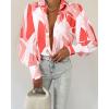 image:imageBTFBM Women Fashion Button Down Shirts 2026 V Neck Boho Printed Long Sleeve Blouses Dressy Casual Spring Fall TopsPrint Pink