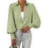 image:imageBTFBM Women Fashion Button Down Shirts 2026 V Neck Boho Printed Long Sleeve Blouses Dressy Casual Spring Fall TopsSolid Green