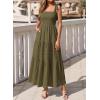 image:imageBTFBM Womens 2026 Spring Boho Spaghetti Strap Dress Casual Sleeveless Smocked A Line Beach Sundress Long Maxi DressesArmy Green