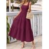 image:imageBTFBM Womens 2026 Spring Boho Spaghetti Strap Dress Casual Sleeveless Smocked A Line Beach Sundress Long Maxi DressesBurgundy