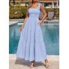 image:imageBTFBM Womens 2026 Spring Boho Spaghetti Strap Dress Casual Sleeveless Smocked A Line Beach Sundress Long Maxi DressesLight Blue