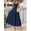 image:imageBTFBM Womens 2026 Spring Boho Spaghetti Strap Dress Casual Sleeveless Smocked A Line Beach Sundress Long Maxi DressesNavy Blue