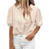 image:imageBTFBM Womens Button Down Shirts Short Puff Sleeve Collared V Neck 2026 Summer Tops Dressy Casual Work Business BlousesBeige