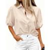 image:imageBTFBM Womens Button Down Shirts Short Puff Sleeve Collared V Neck 2026 Summer Tops Dressy Casual Work Business BlousesBeige