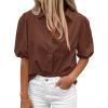 image:imageBTFBM Womens Button Down Shirts Short Puff Sleeve Collared V Neck 2026 Summer Tops Dressy Casual Work Business BlousesBrown