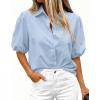 image:imageBTFBM Womens Button Down Shirts Short Puff Sleeve Collared V Neck 2026 Summer Tops Dressy Casual Work Business BlousesLight Blue