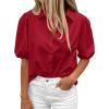 image:imageBTFBM Womens Button Down Shirts Short Puff Sleeve Collared V Neck 2026 Summer Tops Dressy Casual Work Business BlousesRed