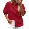image:imageBTFBM Womens Button Down Shirts Short Puff Sleeve Collared V Neck 2026 Summer Tops Dressy Casual Work Business BlousesRed