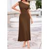 image:imageBTFBM Womens Spring Dresses 2026 Asymmetrical Neck Short Sleeve Pleated Swing Knit Midi Dress Business CasualBrown