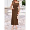 image:imageBTFBM Womens Spring Dresses 2026 Asymmetrical Neck Short Sleeve Pleated Swing Knit Midi Dress Business CasualBrown