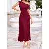image:imageBTFBM Womens Spring Dresses 2026 Asymmetrical Neck Short Sleeve Pleated Swing Knit Midi Dress Business CasualBurgundy