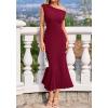 image:imageBTFBM Womens Spring Dresses 2026 Asymmetrical Neck Short Sleeve Pleated Swing Knit Midi Dress Business CasualBurgundy
