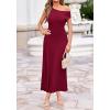 image:imageBTFBM Womens Spring Dresses 2026 Asymmetrical Neck Short Sleeve Pleated Swing Knit Midi Dress Business CasualBurgundy