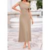 image:imageBTFBM Womens Spring Dresses 2026 Asymmetrical Neck Short Sleeve Pleated Swing Knit Midi Dress Business CasualKhaki