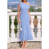 image:imageBTFBM Womens Spring Dresses 2026 Asymmetrical Neck Short Sleeve Pleated Swing Knit Midi Dress Business CasualLight Blue