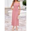 image:imageBTFBM Womens Spring Dresses 2026 Asymmetrical Neck Short Sleeve Pleated Swing Knit Midi Dress Business CasualPink