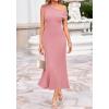 image:imageBTFBM Womens Spring Dresses 2026 Asymmetrical Neck Short Sleeve Pleated Swing Knit Midi Dress Business CasualPink