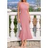 image:imageBTFBM Womens Spring Dresses 2026 Asymmetrical Neck Short Sleeve Pleated Swing Knit Midi Dress Business CasualPink