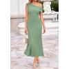 image:imageBTFBM Womens Spring Dresses 2026 Asymmetrical Neck Short Sleeve Pleated Swing Knit Midi Dress Business CasualSage Green