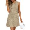 image:imageBTFBM Womens Summer Dress 2026 Spring Plaid Crew Neck Sleeveless Button Bodycon Mini Vintage Business Casual DressesKhaki