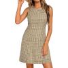image:imageBTFBM Womens Summer Dress 2026 Spring Plaid Crew Neck Sleeveless Button Bodycon Mini Vintage Business Casual DressesKhaki