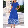 image:imageBTFBM Womens Summer Dresses 2026 Casual Short Sleeve Elastic Waist Flowy Beach Vacation Floral Boho Maxi Dress PocketsRoyal Blue White Flower