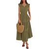 image:imageBTFBM Womens Summer Maxi Dress 2026 Spring Boho Vacation Ruffle Flutter Short Sleeve A Line Tiered Flowy Dresses PocketsArmy Green