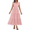 image:imageBTFBM Womens Summer Maxi Dress 2026 Spring Boho Vacation Ruffle Flutter Short Sleeve A Line Tiered Flowy Dresses PocketsPink