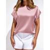 image:imageBTFBM Womens Summer Tops Satin Blouses Dressy Casual Loose Crewneck Short Sleeve Shirts 2026 Work Business OutfitsPink