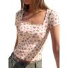 image:imageBTFBM Floral Square Neck Tops for Women 2026 Trendy Summer Outfits Short Sleeve Shirts Boho Top Beach Vacation ClothesBeige Pink Flower