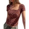image:imageBTFBM Floral Square Neck Tops for Women 2026 Trendy Summer Outfits Short Sleeve Shirts Boho Top Beach Vacation ClothesBrown Beige Flower