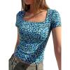 image:imageBTFBM Floral Square Neck Tops for Women 2026 Trendy Summer Outfits Short Sleeve Shirts Boho Top Beach Vacation ClothesDark Blue Blue Flower