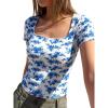 image:imageBTFBM Floral Square Neck Tops for Women 2026 Trendy Summer Outfits Short Sleeve Shirts Boho Top Beach Vacation ClothesWhite Blue Flower