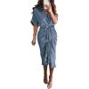 image:imageBTFBM Shirt Dresses for Women Spring Button Short Sleeve Silk Satin Ruched Maxi Summer Dress 2026 Cocktail Party WeddingGrey Blue