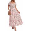 image:imageBTFBM Summer Dress for Women 2026 Spring Floral Short Sleeve Casual Flowy ALine Smocked Tiered Maxi Dresses PocketsFloral Apricot Red