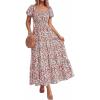 image:imageBTFBM Summer Dress for Women 2026 Spring Floral Short Sleeve Casual Flowy ALine Smocked Tiered Maxi Dresses PocketsFloral Beige Multicolor