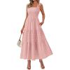 image:imageBTFBM Womens 2026 Spring Boho Spaghetti Strap Dress Casual Sleeveless Smocked A Line Beach Sundress Long Maxi DressesPink