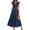 image:imageBTFBM Womens Summer Maxi Dress 2026 Spring Boho Vacation Ruffle Flutter Short Sleeve A Line Tiered Flowy Dresses PocketsNavy Blue