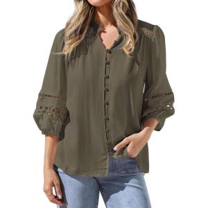 image:imageBTFBM 34 Length Sleeve Womens Tops Summer Blouses Eyelet Hollow Out Button Down Shirts Business Casual Outfits 2026Army Green