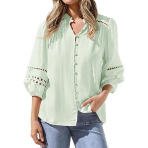 image:imageBTFBM 34 Length Sleeve Womens Tops Summer Blouses Eyelet Hollow Out Button Down Shirts Business Casual Outfits 2026Bean Green
