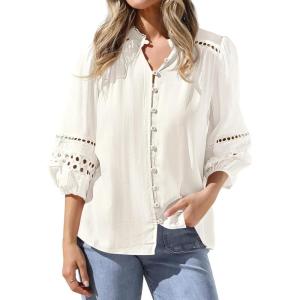 image:imageBTFBM 34 Length Sleeve Womens Tops Summer Blouses Eyelet Hollow Out Button Down Shirts Business Casual Outfits 2026Beige