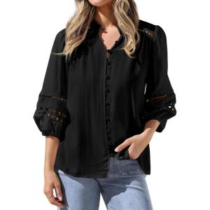 image:imageBTFBM 34 Length Sleeve Womens Tops Summer Blouses Eyelet Hollow Out Button Down Shirts Business Casual Outfits 2026Black