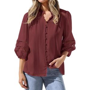 image:imageBTFBM 34 Length Sleeve Womens Tops Summer Blouses Eyelet Hollow Out Button Down Shirts Business Casual Outfits 2026Jujube Red
