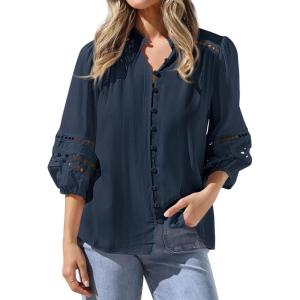 image:imageBTFBM 34 Length Sleeve Womens Tops Summer Blouses Eyelet Hollow Out Button Down Shirts Business Casual Outfits 2026Navy